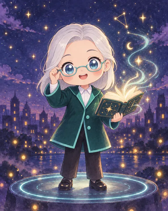 Sage, silver-haired with teal glasses, reading a glowing star book