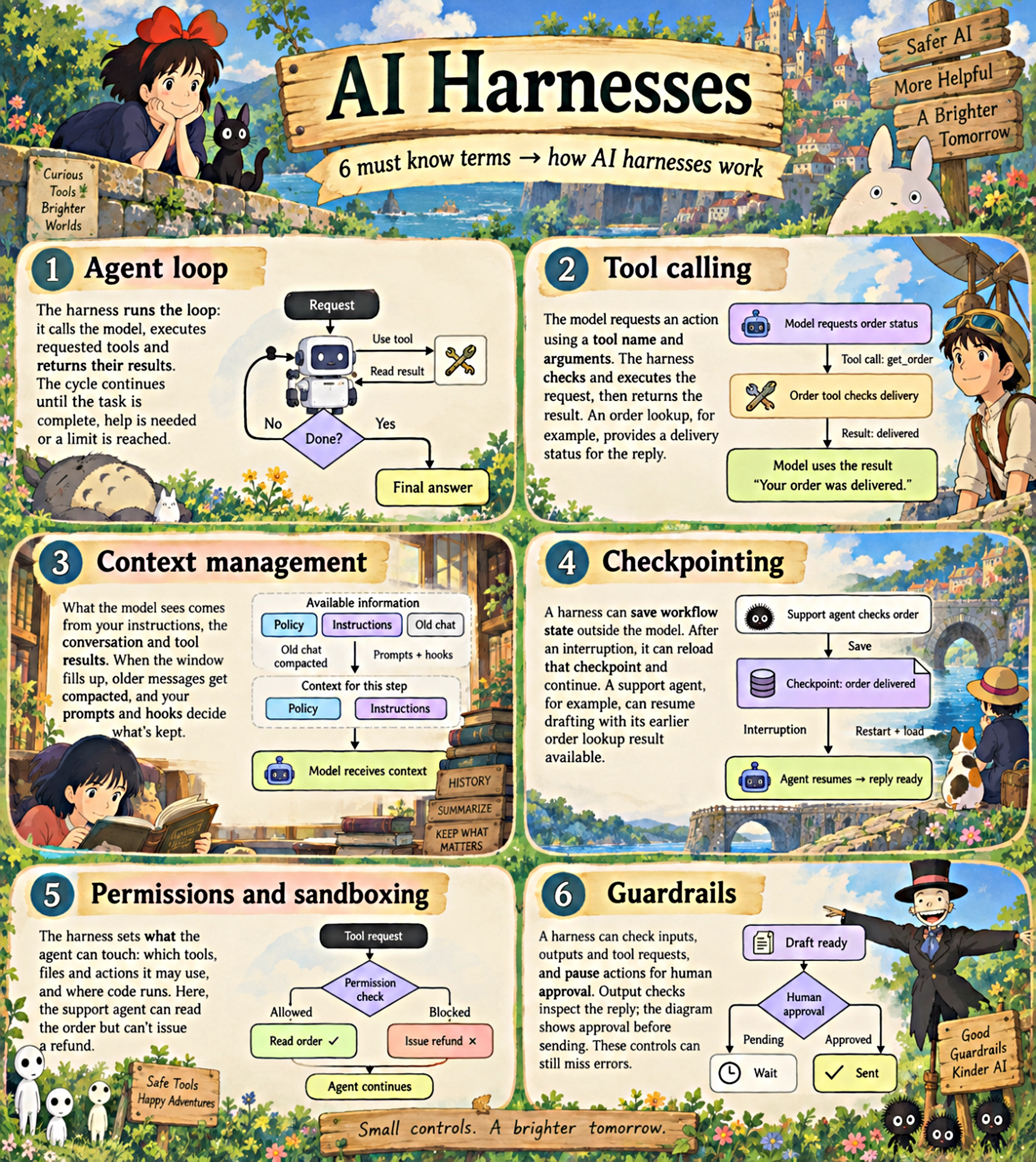 Illustrated primer titled AI Harnesses explaining six terms: agent loop, tool calling, context management, checkpointing, permissions and sandboxing, and guardrails